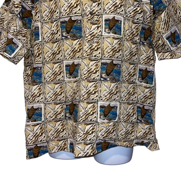 Vtg Hilo Hattie Hawaiian Shirt Mens XL Canoe Sail Beach Vacation Aloha Leaf Tan - Picture 3 of 10
